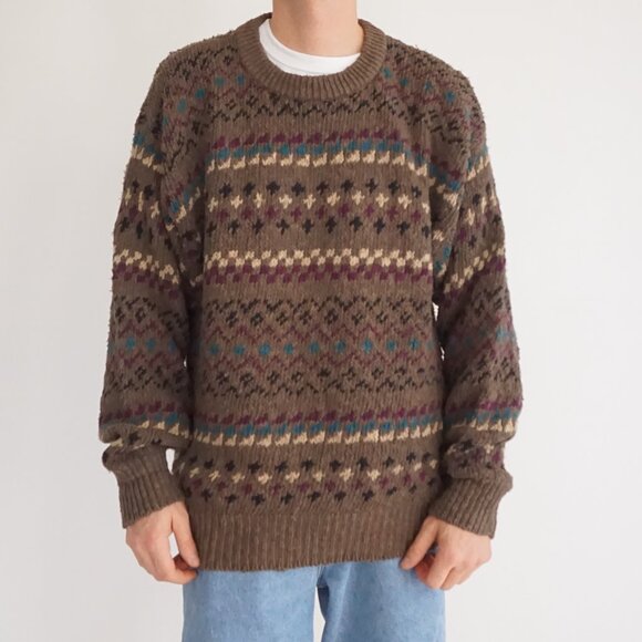 VTG Eddie Bauer Brown Cotton Knit Fair Isle Cabincore Eclectic Grandpa Sweater L - Picture 1 of 10